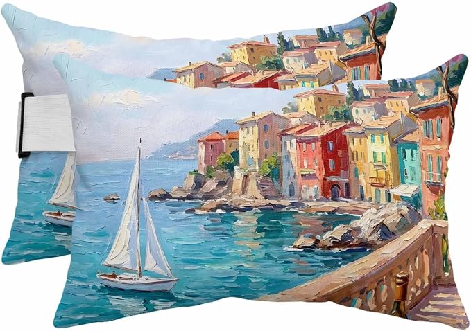 Outdoor Lumbar Pillow Set of 2, Coastal Nautical Waterproof Beach Headrest Pillow with Inserts, Modern Ocean Oil Painting Country Sailboat Recliner Throw Pillows for Patio Furniture, 12 x 20