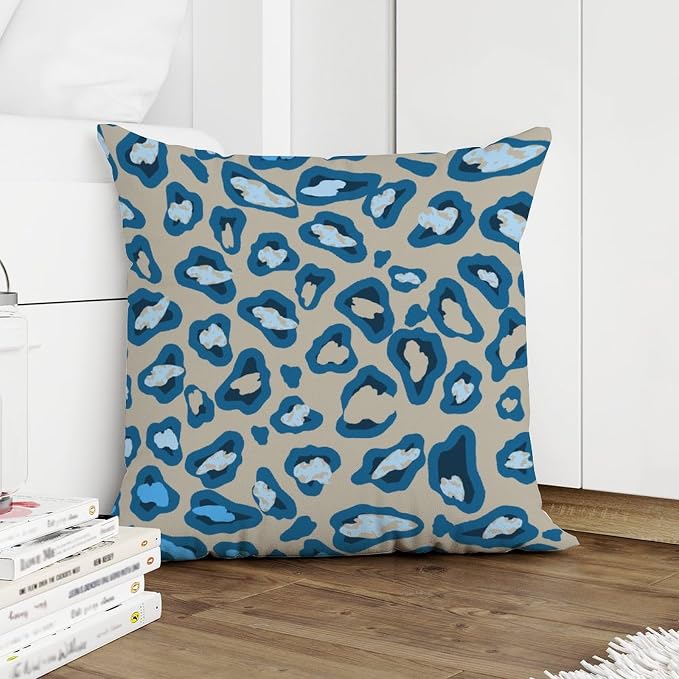 Chinoiserie Cheetah Print Throw Pillow Covers Blue and Light Brown Throw Pillow Cover Retro Decorative Cushion Covers Home Decor for Patio Garden Couch Tent 16x16 in