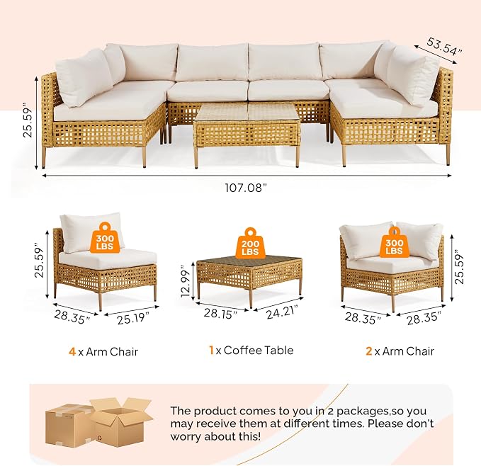 VINGLI 7 Piece Patio Sectional Furniture Set, Wicker Outdoor Furniture with Thick Cushions and Coffee Table, Outdoor Couch Conversation Sets for Garden, Backyard, Pool