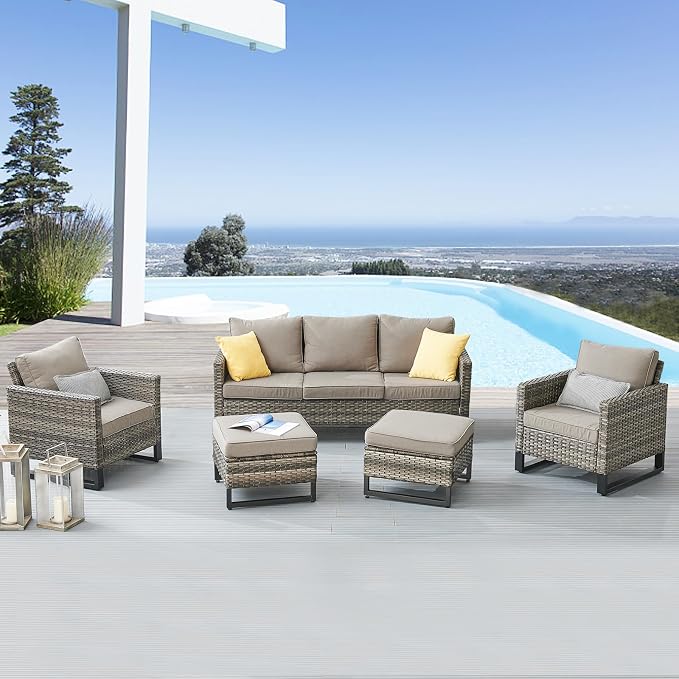 Belord Wicker Patio Furniture 5 Piece Outdoor Sofa Set, Oversize Outdoor Dining Chairs with Rattan Ottomans, Conversation Sets Patio Furniture Come with Removable Washable Cushion Grey