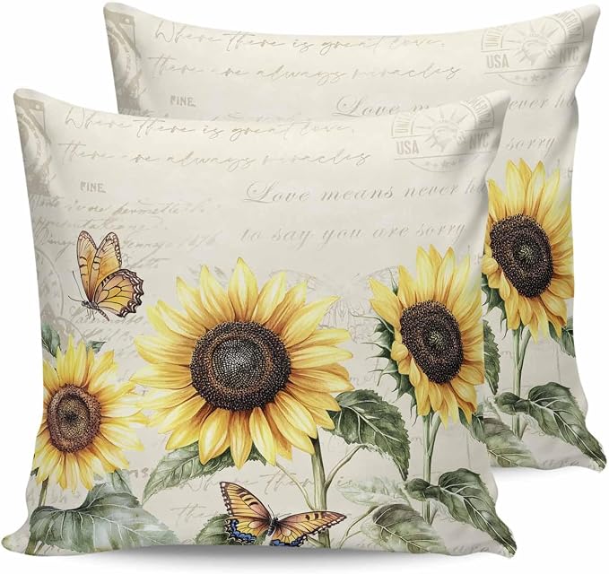 Sunflower Outdoor Waterproof Throw Pillow Covers 20"x20" Set of 2, Pastoral Style Sunflower Butterfly Decorative Garden Pillowcase with Zipper Retro Farmhouse Cushion Case for Patio Couch Tent