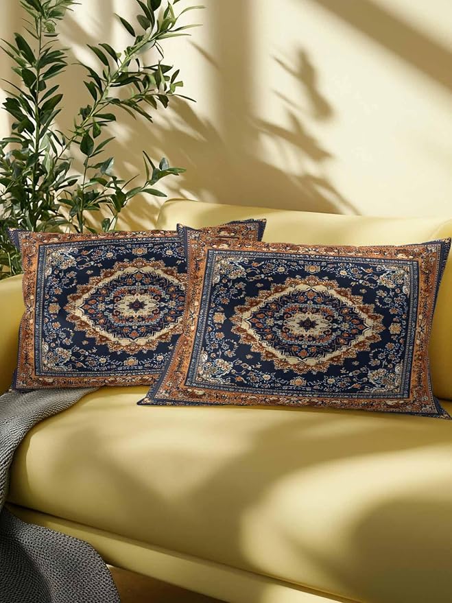 Outdoor Pillows with Inserts Set of 2 12x20, Blue Burnt Orange Boho Waterproof Outdoor/Indoor Throw Pillows, Antique Southwestern Tribal Decorative Pillow for Bed Couch Sofa Patio Furniture