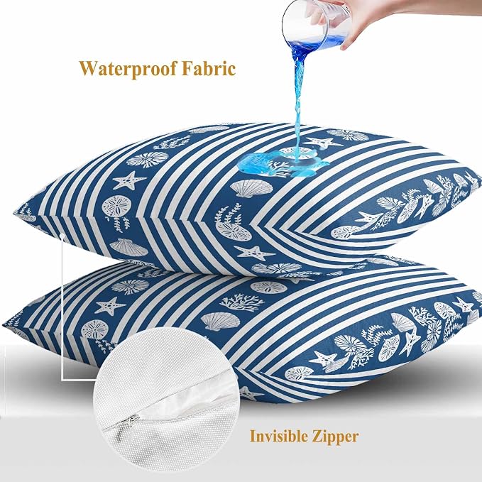 Striped Outdoor Waterproof Throw Pillow Covers Set of 2, 24"x24", Ocean Navy Blue Starfish Shell Jellyfish Coral Decorative Pillow Covers Outside Cushion Case for Patio Porch Garden