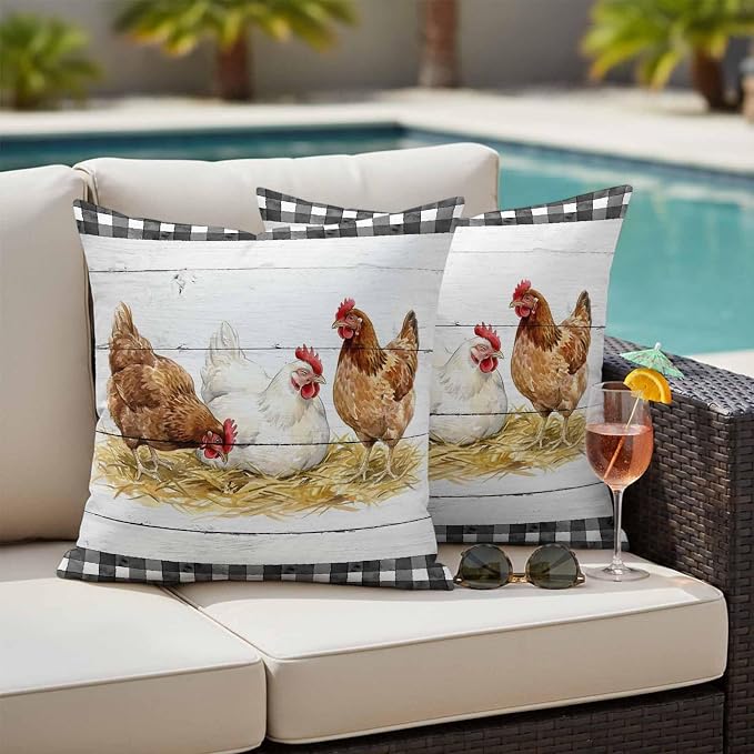 Farmhouse Rooster Outdoor Waterproof Pillow Covers, Farm Chicken Animals Retro Grey Wooden Decorative Square Throw Pillowcase Sofa Cushion Sham for Patio/Couch/Chair, 18"x18" 2 Pack