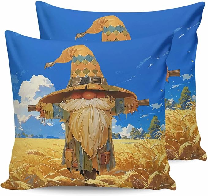 Outdoor Waterproof Throw Pillow Covers 24x24in, Fall Gnome Scarecrow Cushions for Garden Patio Furniture Chairs Set of 2, Blue Sky Wheat Field Home Decor Couch Sofa Polyester Pillow Cases