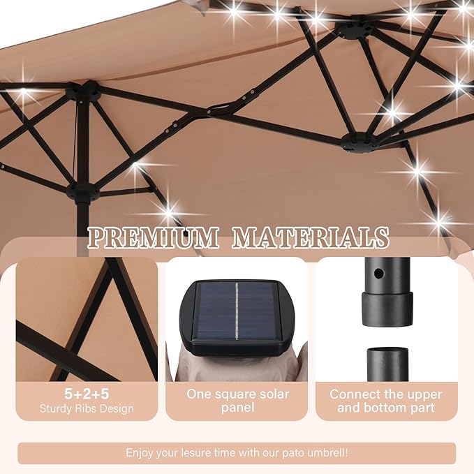 13 ft Patio Umbrella with 36 LED Lights, Large Rectangle Outdoor Solar Umbrella with Strap, Crank, Khaki