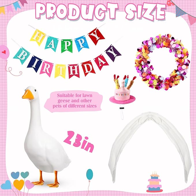 Abbylike 4 Pcs Happy Birthday Porch Goose Outfit for 23" Statues Poseable Porch Goose Wings Birthday Cake Hat for Lawn Patio Outdoor Geese Statue Decoration Accessories(Pink,Classic Style)
