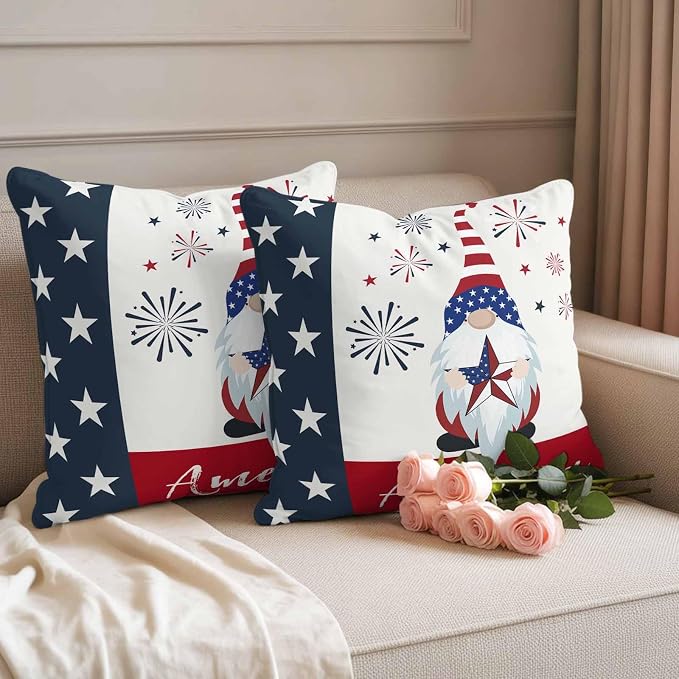 Gnomes with Outdoor Waterproof Throw Pillow Covers Set of 2, 16"x16", American Flag Decorative Pillow Covers Outside Cushion Case for Patio Porch Garden