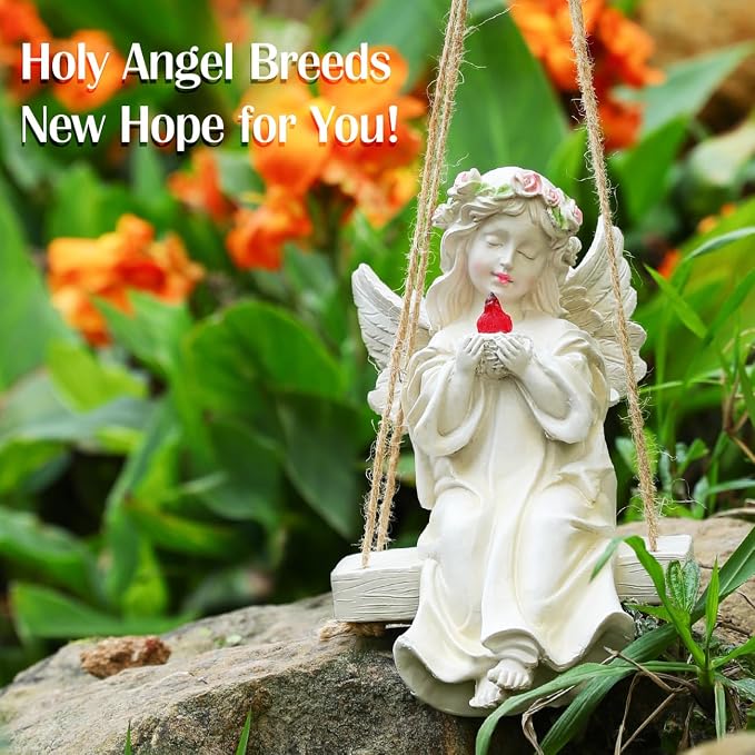 Angel Garden Statue,Fairy Solar Garden Decor with Warm Light | Waterproof Angel Statue with Swing & Holding Bird,Outdoor Garden Decor for Lawn Yard Patio Windowsill Garden Gifts, Apricot