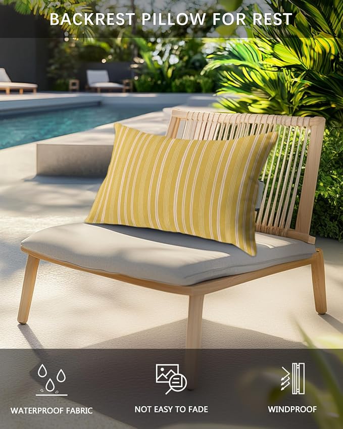 Pack of 2 Outdoor Lumbar Pillow Covers 11x16 Inch, Yellow Striped Waterproof Throw Pillow Covers Set, Farmhouse Stripes Modern Vintage Indoor&Outdoor Decorative Cushion Cases for Patio Porch Car