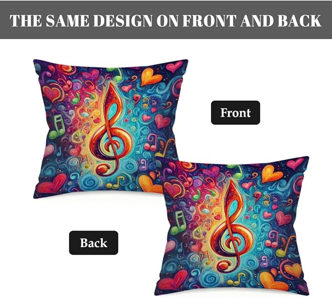 16x16 Inch Outdoor Pillow Covers Set of 2 Waterproof Throw Pillow Covers Decorative Couch Cushion Covers Music Note Hearts Neon Square Pillowcases Protectors for Patio Garden Sofa