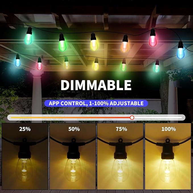 CAWWS Outdoor String Lights 75FT, Color Changing Patio Lights, Waterproof | 30 Shatterproof LED Bulbs, Multicolor & Warm White, Dimmable, IP67 Waterproof, APP & Remote, Custom Colors, 24V Low Voltage