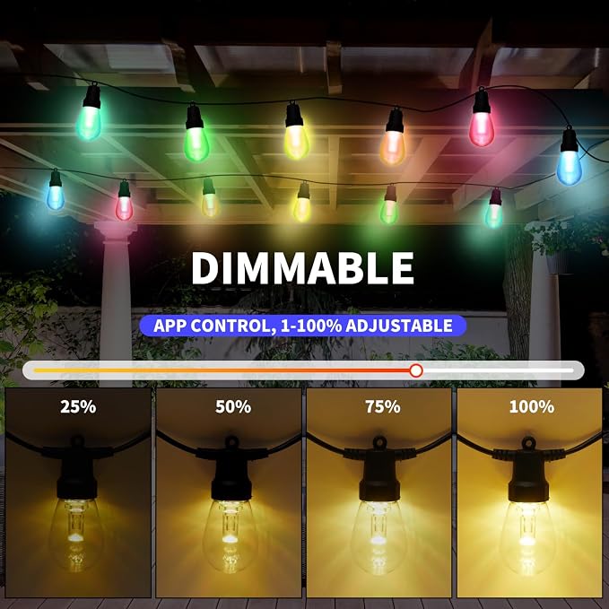 CAWWS Outdoor String Lights 100FT, Color Changing Patio Lights, Waterproof | 2×50FT,40 Shatterproof LED Bulbs,Multicolor & Warm White,Dimmable,IP67 Waterproof, APP & Remote,Custom Colors,24V Low Voltage