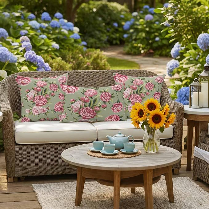 Flowers Vintage Outdoor Pillow Covers 20x12 Inch Lumbar Pillow Covers Set of 2 Waterproof Decorative Throw Pillow Cases Green Leaves Pastoral Floral Country Cushion Covers for Patio Furniture Garden
