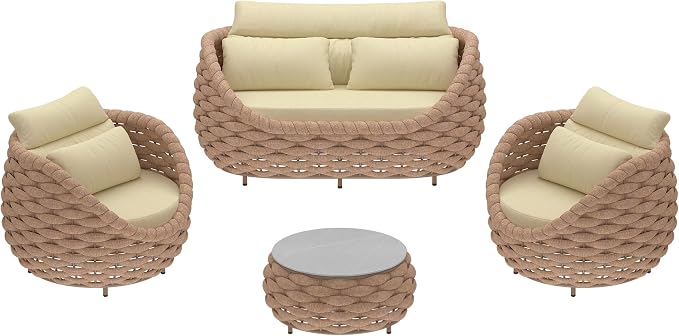 TWT 6-Piece Aluminum Patio Furniture Set, Olefin Rope Modern Outdoor Conversation Set Sectional Sofa with Water Repellent Thick Cushions and Coffee Table for Balcony, Garden, Light Brown