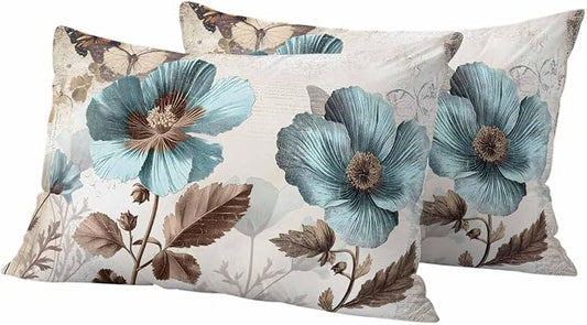 Teal Blue Floral Waterproof Outdoor Pillow Covers 20''x12'' Set of 2, Vintage Brown Flowers Butterfly Plant Patio Furniture Cushion Covers for Chairs, Decorative Pillow Cases for Garden/Pool/Beach