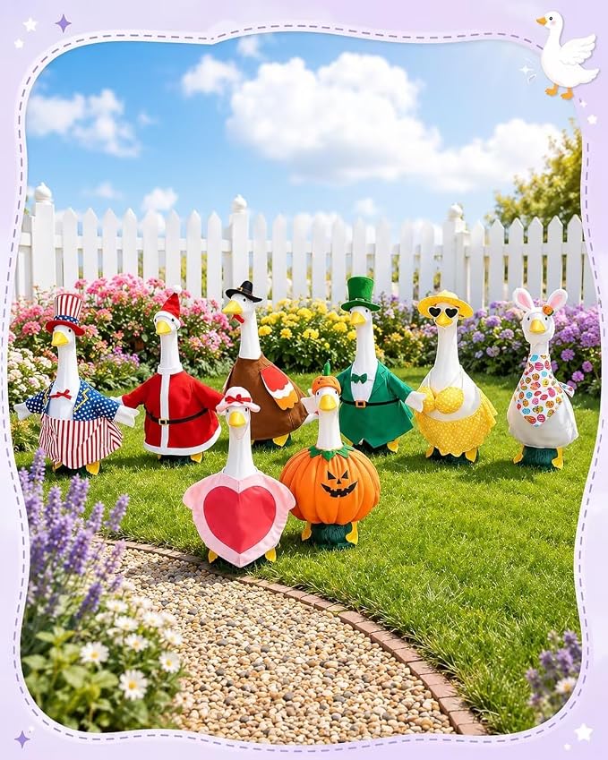 8 Set Holiday Porch Goose Outfits, All Seasons Bundle for 4th of July, Fall, Halloween, Christmas Decor, Valentine, St. Patrick's Day, Easter, Summer,Lawn & Indoor Outdoor, Fits 23 Inch (No Goose)