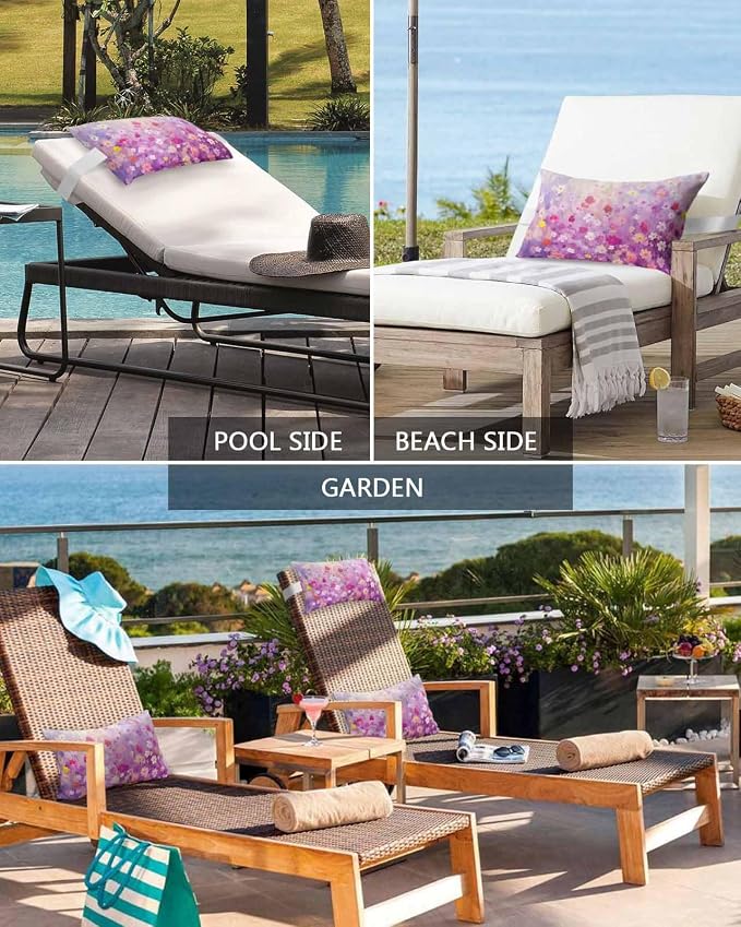 Chaise Lounge Head Resting Pillows,Spring Abstract Watercolor Purple Flowers Outdoor Chaise Pillows,Waterproof Patio Furniture Pillows with Insert and Adjustable Elastic Strap for Beach Chair