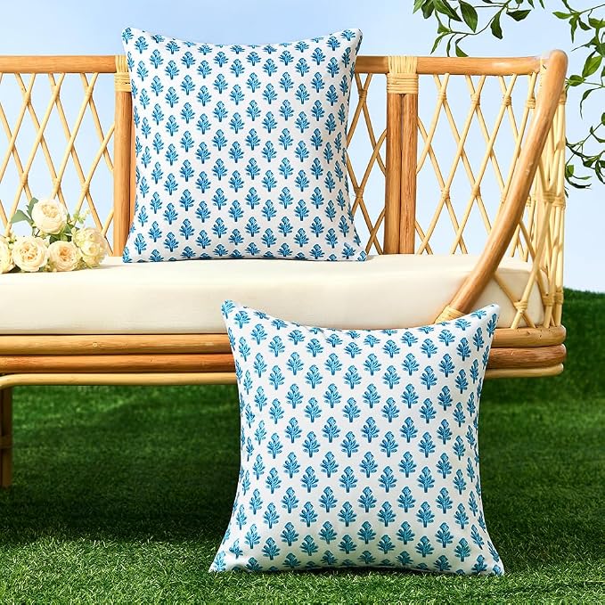 Outdoor Pillow Covers 20x20 Set of 2 Boho Blue Floral Accent Print Decorative Throw Pillow Cases for Outdoor Waterproof Patio Furniture Garden Porch Sofa Bed Cushion Covers Home Decor JB005-B20