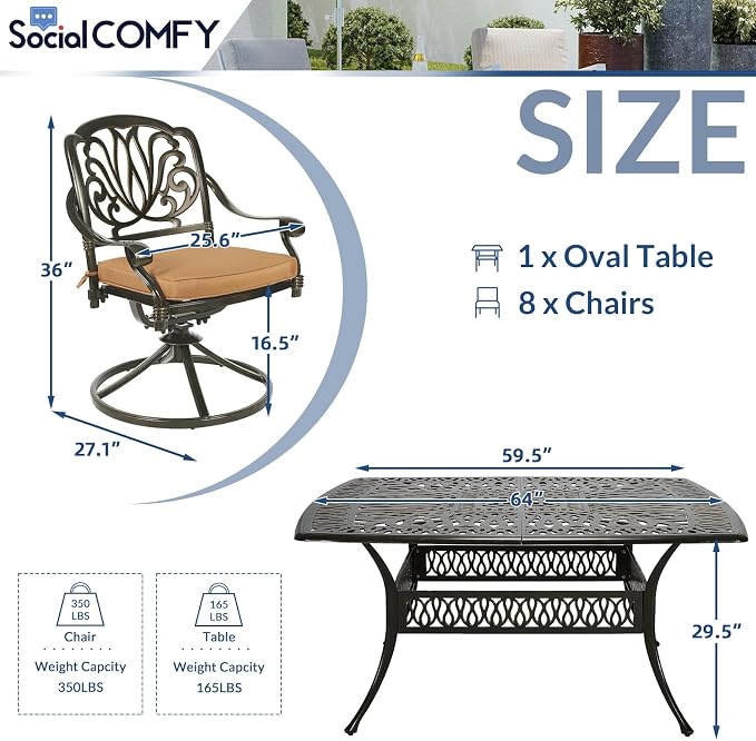 9-Piece Patio Cast Aluminum Dining Set, Outdoor Dining Furniture Set for 8 Person, Includes 64" Square Table and 8 Swivel Rocker Chairs with Umbrella Hole for Patio Deck Garden, Tan