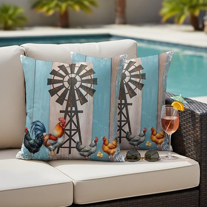 Rooster Hen Outdoor Pillow Covers 24"x24" Set of 2, Rustic Windmill Farmhouse Animal Wood Striped Country Waterproof Throw Pillow Covers for Patio Furniture, Decorative Cushion Covers for Porch
