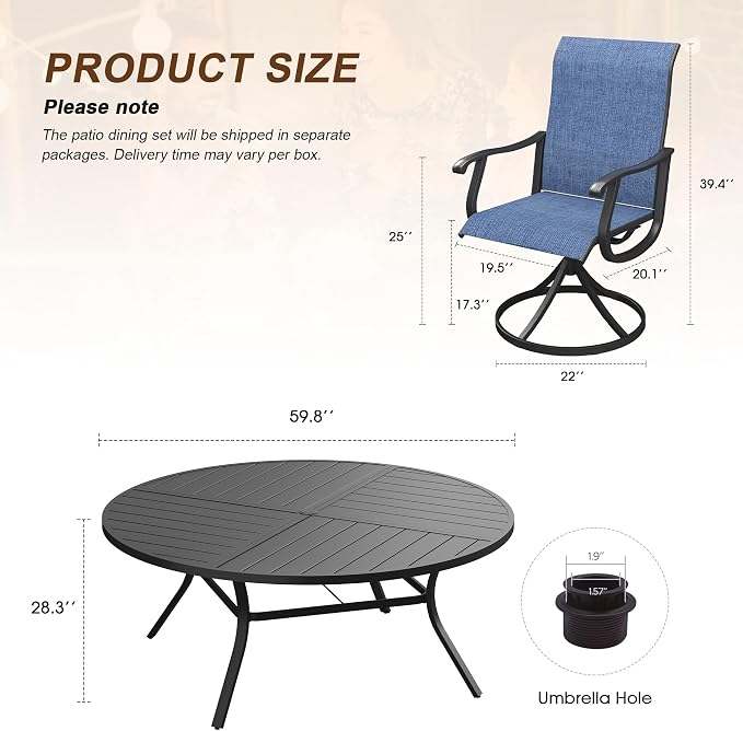 VICLLAX Patio 9 Pieces Outdoor Dining Set, 60" Round Metal Table with Umbrella Hole and 8 Swivel Textilene Chairs for Lawn, Garden, Porch, Black/Dark Blue