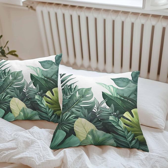 Tropical Leaves Waterproof Outdoor Pillow Covers Set of 2 Home Decor, Watercolor Summer Botanical Leaf Plants Pillowcase Patio Pillow Covers for Couch Bench Furniture Garden 24x24in