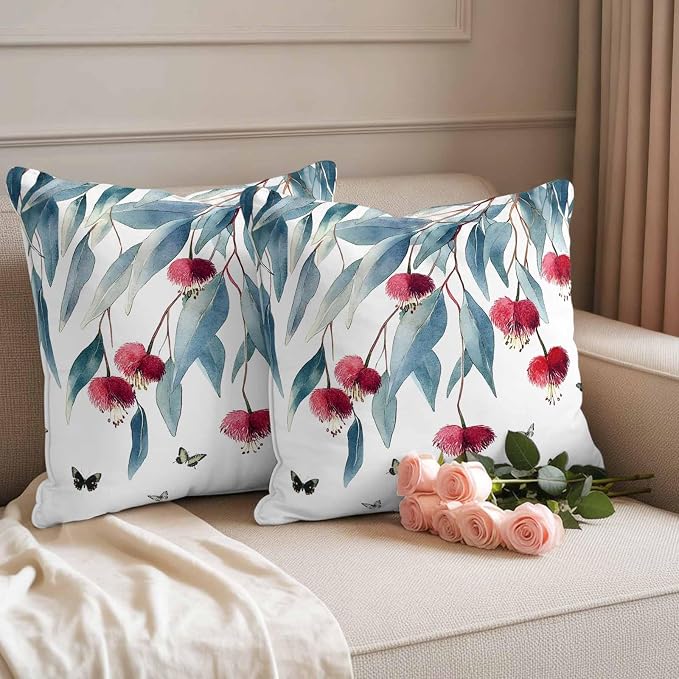 Botanical Leaves Waterproof Outdoor Pillow Covers Set of 2 Home Decor, Spring Floral Butterfly Pastoral Pillowcase Patio Pillow Covers for Couch Bench Furniture Garden 16x16in