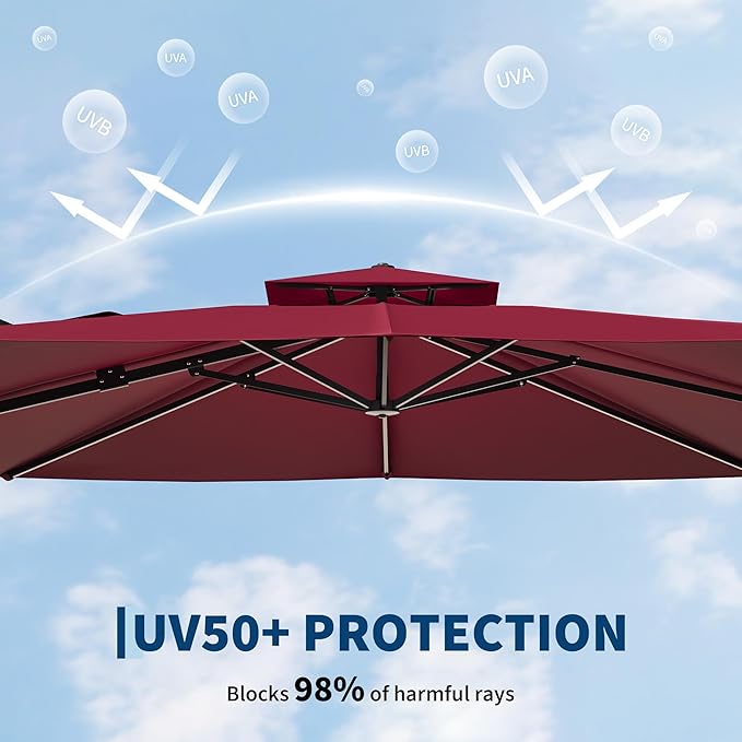 10x10 FT Square Outdoor Umbrella with Base, Cantilever Patio Umbrella with 360° Rotation & Adjustable Height, Heavy Duty Aluminum Umbrella Outdoor Patio for Garden Poolside,Burgundy Red