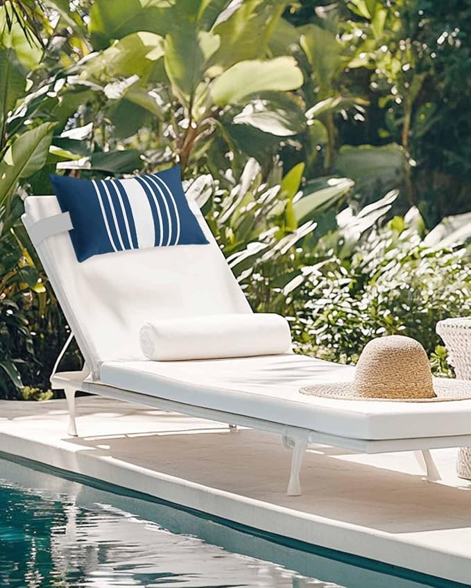 Outdoor Pillow for Lounge Chair with Strap & Insert Navy Blue Vertical Stripes Recliner Head Pillow Classic Striped Waterproof Headrest Patio Lumbar Pillows for Beach Pool Office Chaise Chair 11x16