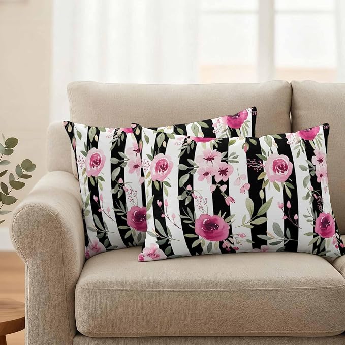 Outdoor Throw Pillow Covers Waterproof Pillow Cases 20x12in Watercolor Pink Floral Decorative Cushion Cases for Couch Sofa Patio Garden 2 Pack Black and White Stripes