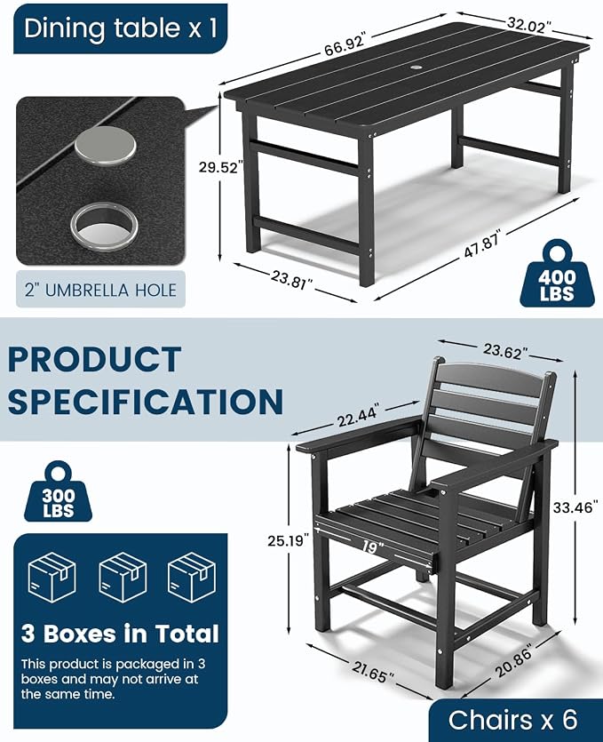 FOOWIN Outdoor HDPE Dining Table Set 7-Piece All Weather Patio Dining Set with Umbrella Hole,Outdoor Patio Furniture Dining Set for 6,Patio Kitchen Table Set for Garden,Backyard,Poolside. Black