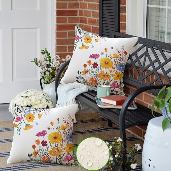 RABUSOFA Spring Summer Pillow Covers Waterproof 20x20 Inch Outdoor Decor Decorative Pillows for Couch Yellow Flower Daisy Floral Farmhouse Pillowcase for Patio Balcony Sofa Set of 2