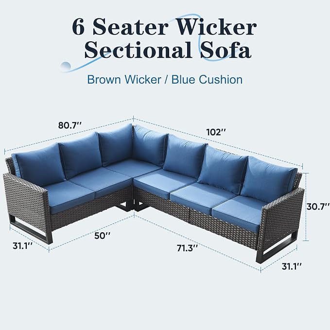 Belord Outdoor Sectional Sofa 6 Seater L Shaped Couch Wicker Patio Conversation Furniture Set Rattan Outdoor Furniture with Removable Washable Cushion, Brown/Blue