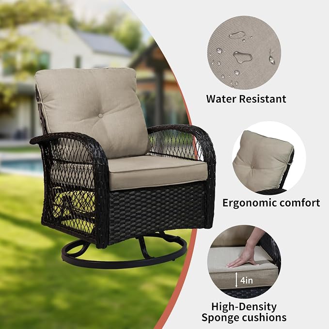 SHGJ&SOFT 3 Piece Patio Furniture Set, 2 Outdoor Swivel Rocking Chairs with Side Table, Wicker Glider Chairs, All-Weather Rattan Bistro Set for Porch, Deck, Pool (Brown, Brown Open-Weave Rattan)