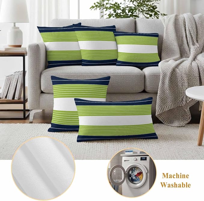 Outdoor Pillow Covers Set of 2, Navy Blue Green Striped Decorative Throw Pillow Covers 18X18IN, Gradient Watercolor Streak Throw Pillows Protector Cushion Case for Patio,Couch,Sofa,Garden