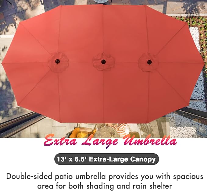 PHI VILLA 7pc Patio Dining Set w/Umbrella, Wood-top Table, Rattan Chairs | Outdoor Dining Set for 6, Metal Dining Table & 6 Cushioned Rattan Chairs with Red Umbrella for Outdoor, Deck, Yard, Porch
