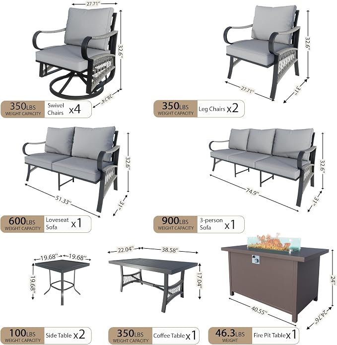 12 Pieces Patio Conversation Sets, All Weather Metal Outdoor Furniture Set 3-Seater 4 Swivel Rockers with 2 Side Tables 2 Single Chairs 1 Loveseat with Coffee Table and Fire Pit Table, Gray