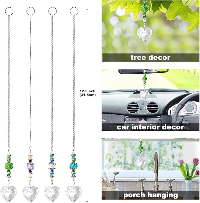 4pcs Crystal Suncatcher, Clear Heart Crystal Sun Catcher Hanging Rainbow Prisms Ball with Chain for Indoor Window Chandelier Garden Home Wedding Christmas Valentines Day Decor (Heart Shape)