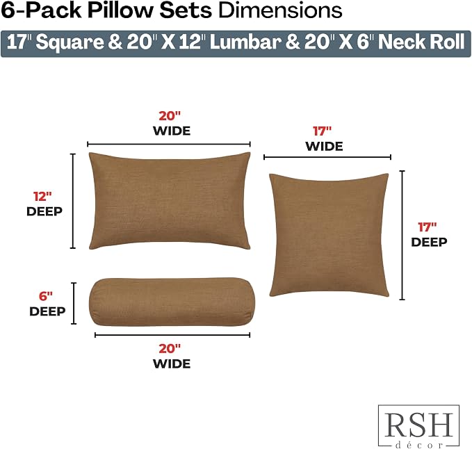 RSH DECOR: 6-Pack Pillow Set | Outdura Performance Fabric |Water & Fade-Resistant| 17" Square, 20"x12" Lumbar, 20"x6" Neck Roll | Outdoor Pillows for Patio Furniture | Made in USA (Canvas Sepia)