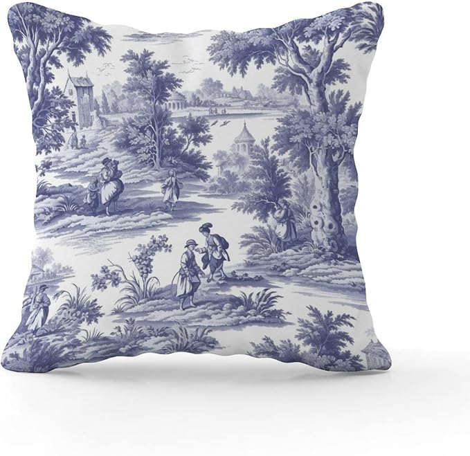 Navy White Blue Decorative Toile Print Cushion Cases French Charmed Life Toile Throw Pillow Cover Rustic Decorative Cushion Covers Home Decor for Patio Furniture Garden 22x22 in