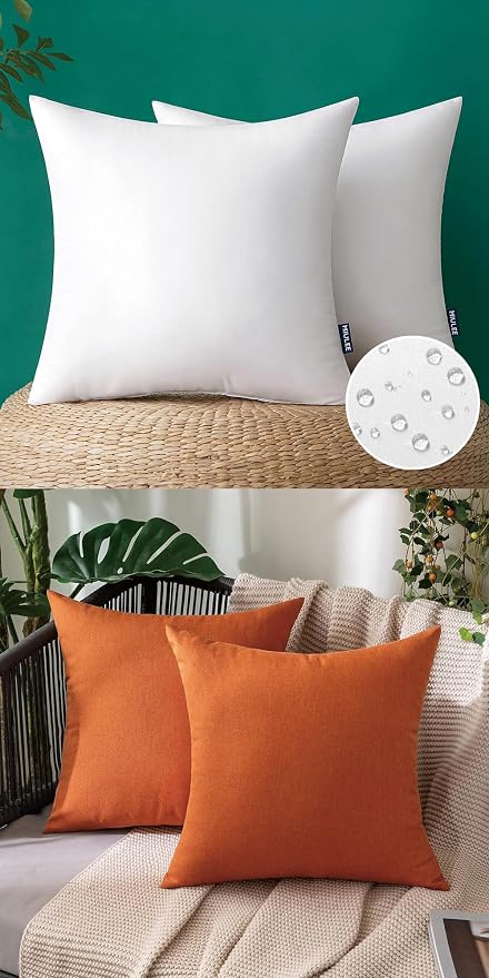 MIULEE Pack of 2 Outdoor Waterproof Throw Pillow Cover Linen 18x18 inch Orange with 2 Pack of Outdoor Pillow Inserts
