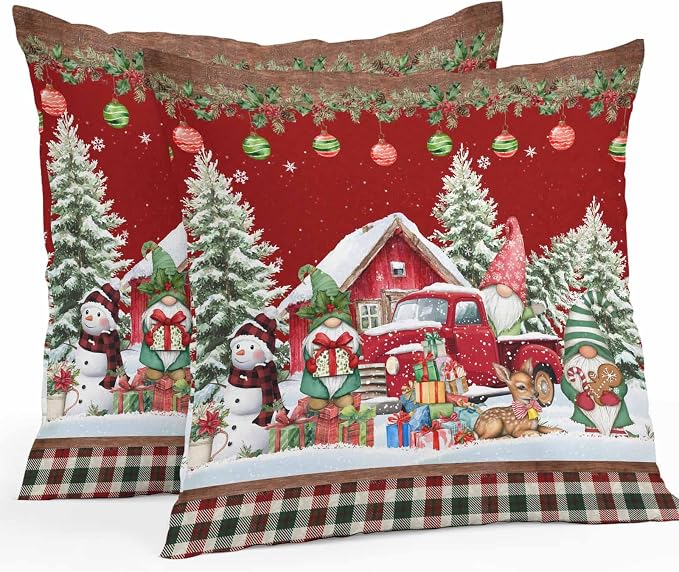 Red Christmas Throw Pillow Covers 20x20 Inch Set of 2, Truck Elk Xmas Tree Snowflake Ball Winter Gnomes Waterproof Outdoor Cushion Covers, Decorative Pillowcases for Couch, Sofa, Bed, Garden, Patio