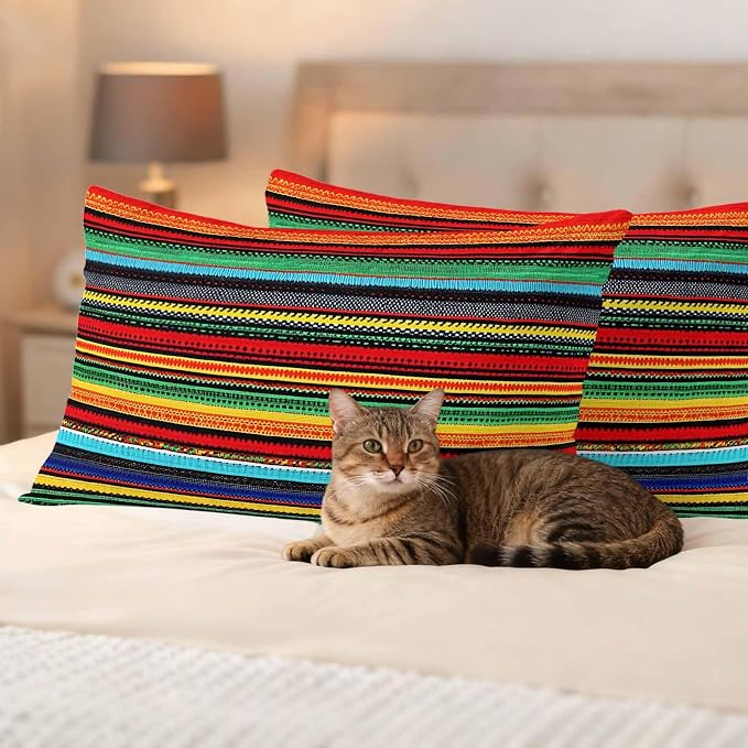 Colorful Stripes Outdoor Waterproof Throw Pillow Covers Set of 2, 20"x12", Mexican Aztec Abstract Ethnic Decorative Pillow Covers Outside Cushion Case for Patio Porch Garden