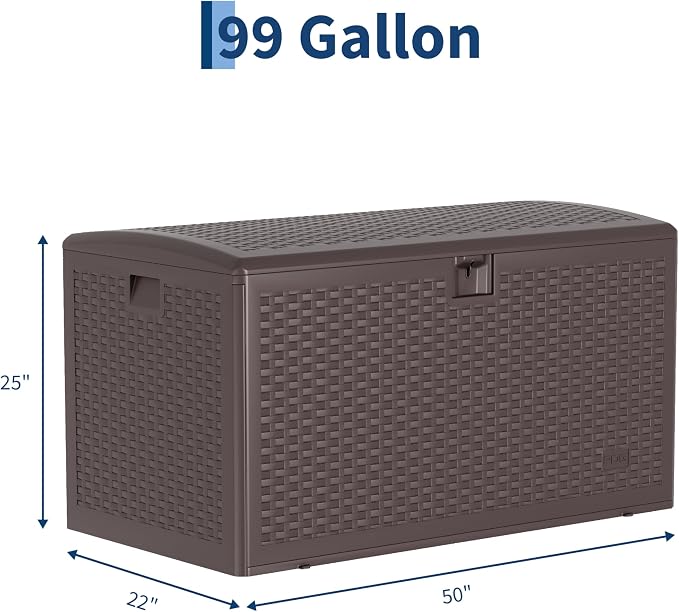 Jojoka 99 Gallon Outdoor Storage Box – Brown Lockable Deck Box with Waterproof & UV-Resistant Lid – Large Capacity Patio Storage Bench for Garden Tools, Cushions & Pool Accessories – Durable Webbing