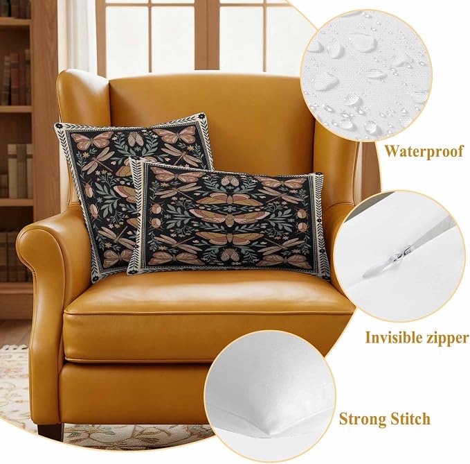 Vintage Butterfly Outdoor Waterproof Pillows Cover Pack of 2 Butterfly Moth Dragonfly Spring Decorative Pillowcases with Zipper Cushion Case for Patio Tent Couch Garden 24 x 24 Inches