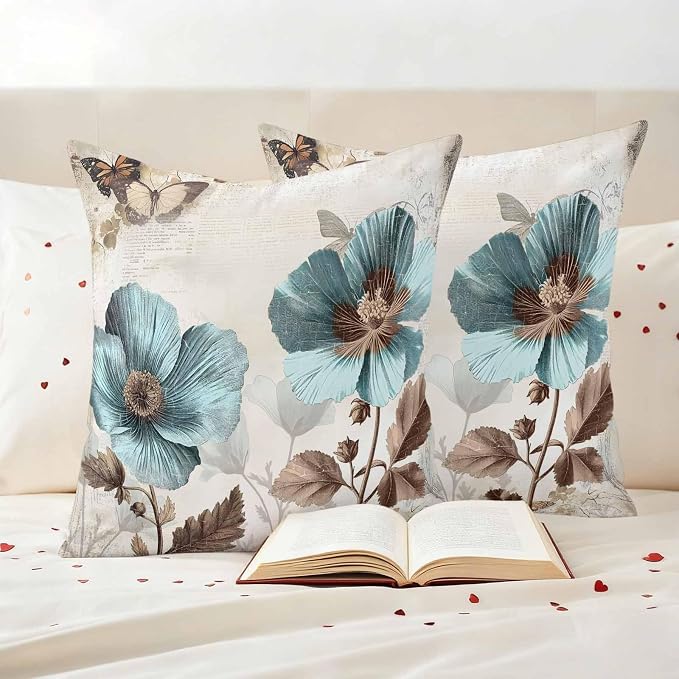 Teal Blue Floral Waterproof Outdoor Pillow Covers 16''x16'' Set of 2, Vintage Brown Flowers Butterfly Plant Patio Furniture Cushion Covers for Chairs, Decorative Pillow Cases for Garden/Pool/Beach