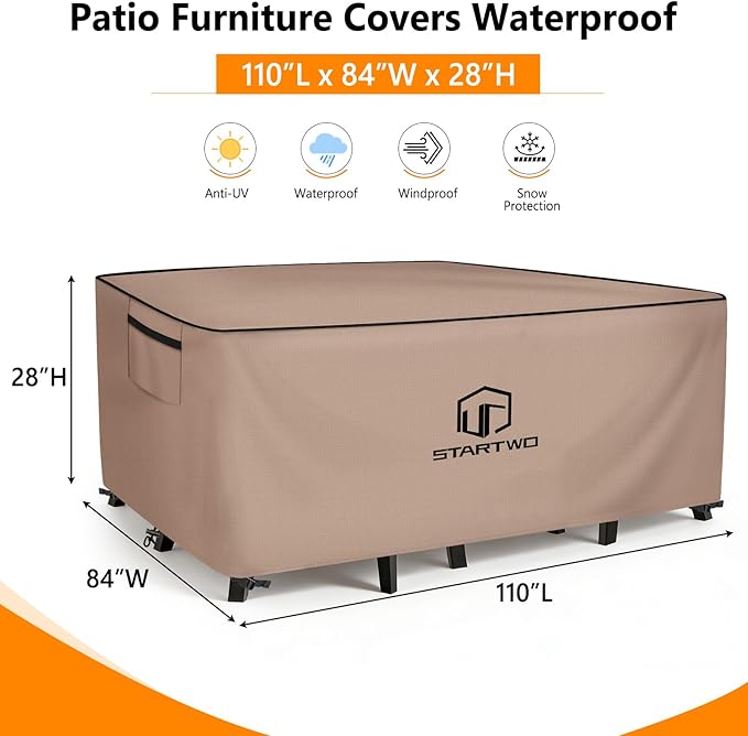 STARTWO Outdoor Furniture Covers Waterproof,Sofa,Table and Chairs General Purpose Patio Furniture Covers with Elastic Hem and Air Vents 110L x 84W x 28H inch（Brown）