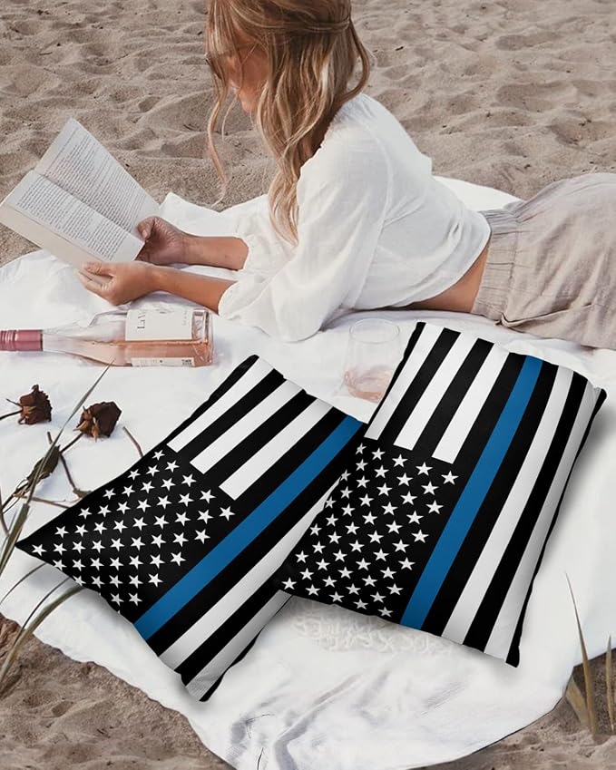 Outdoor Waterproof Pillow Covers Set of 2, Thin Blue Line Flag American Police Flag Honoring Law Enforcement Officers Patio Throw Pillow Covers, Decorative Cushion Case for Sofa Furniture, 20x12 Inch