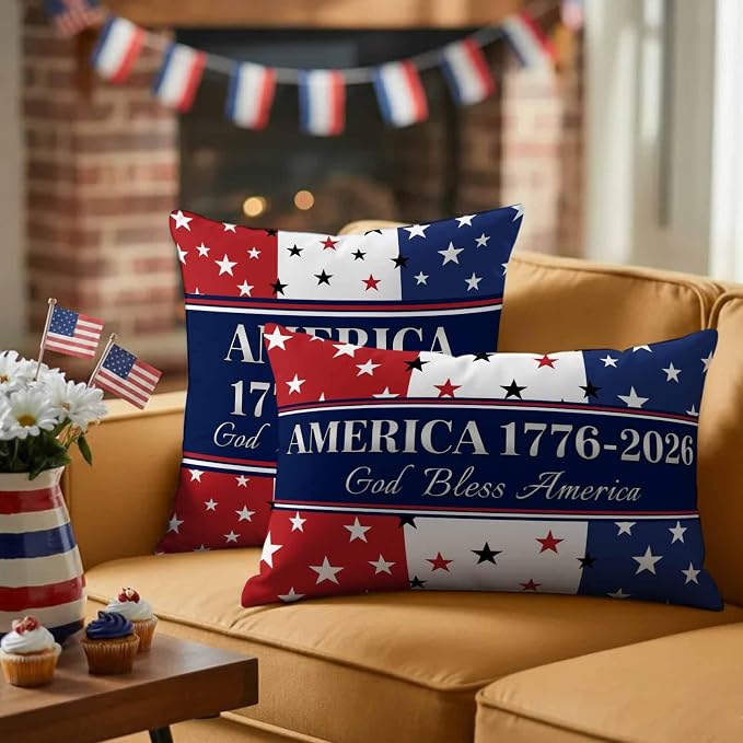America 250th Anniversary Outdoor Pillow Covers 16"x16" Set of 2, God Bless America Patriotic Star Strip Waterproof Throw Pillow Covers for Patio Furniture, Decorative Cushion Covers for Porch